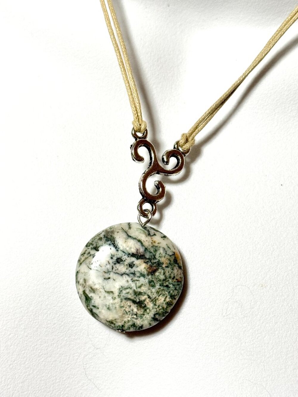 2/$20, Natural Green Tree Agate Necklace, Genuine Gemstone Beige Cord Necklace